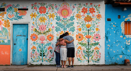 A photograph of a supportive hug between Hispanic adults